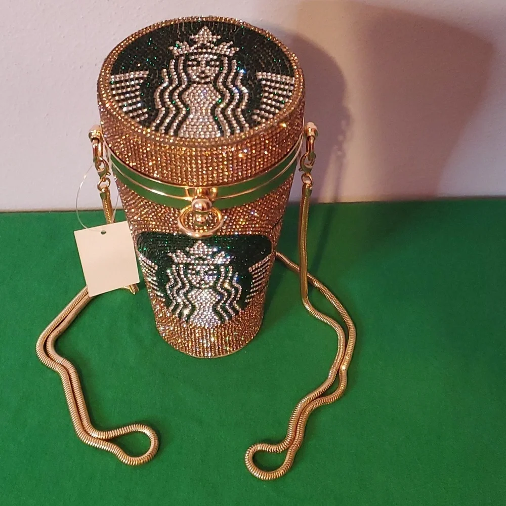 Gold / Green Coffee Cup Purse With Rhinestones - Picture 4 of 5